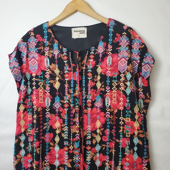 Savanna Jane Floral Boho Embroidered Mini Tunic Dress Shift Lined Womens L Tie - Picture 4 of 8